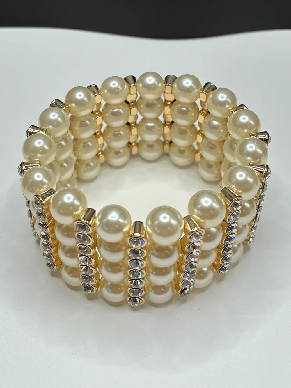 Stunning Cuff Style Pearl & Crystal Gold Stretch Bracelet - Women Accessorie